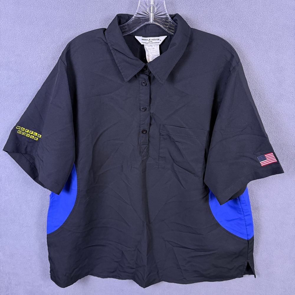 Waffle House Polo Shirt Women XL Black Blue Work Uniform Short Sleeve Flag